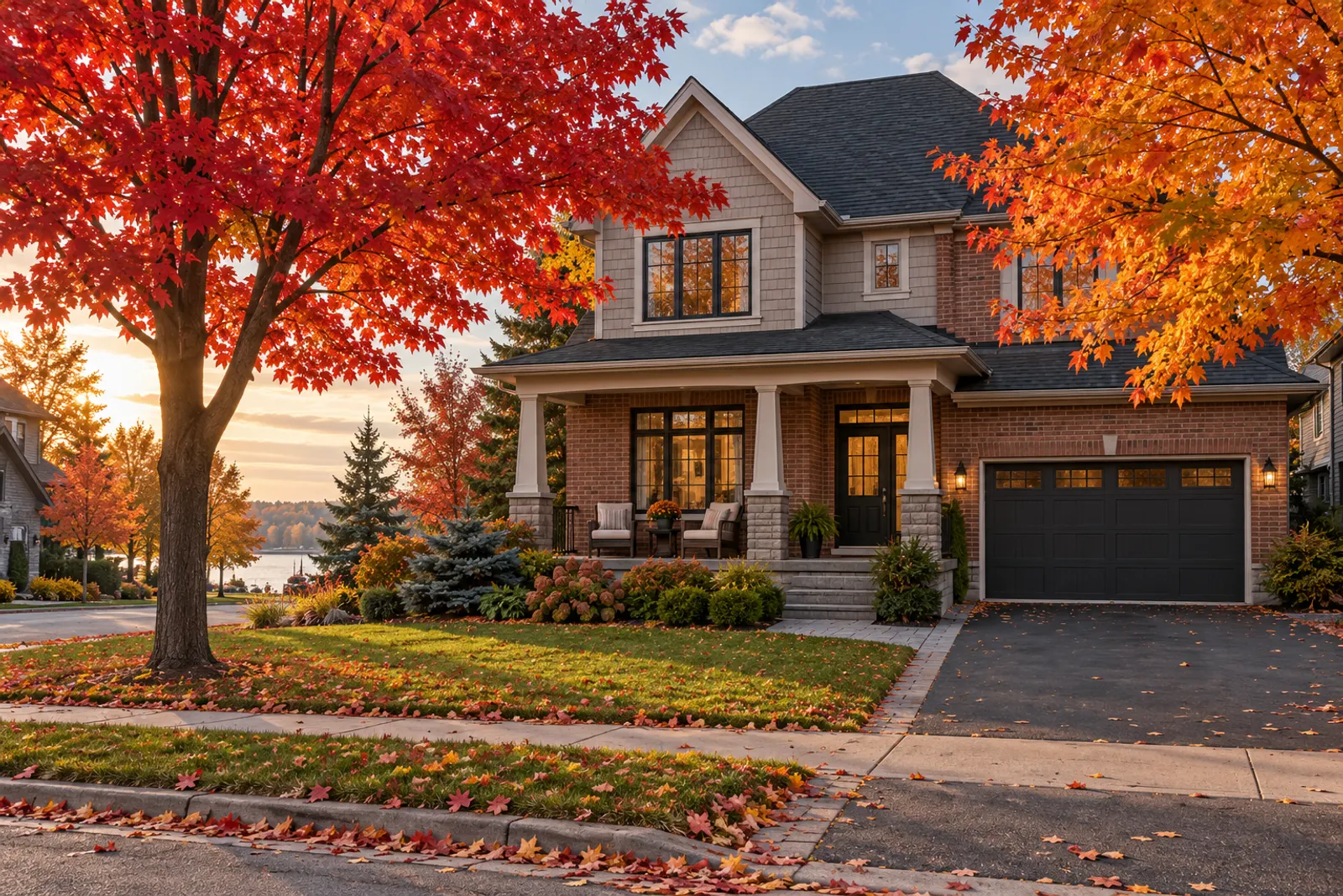 Canadian family home in autumn with maple trees