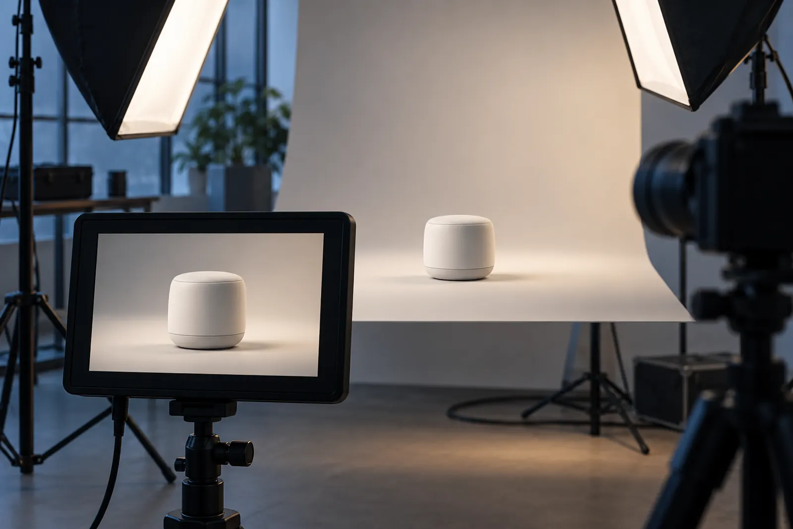 Product photography studio with a white gadget under softbox lights