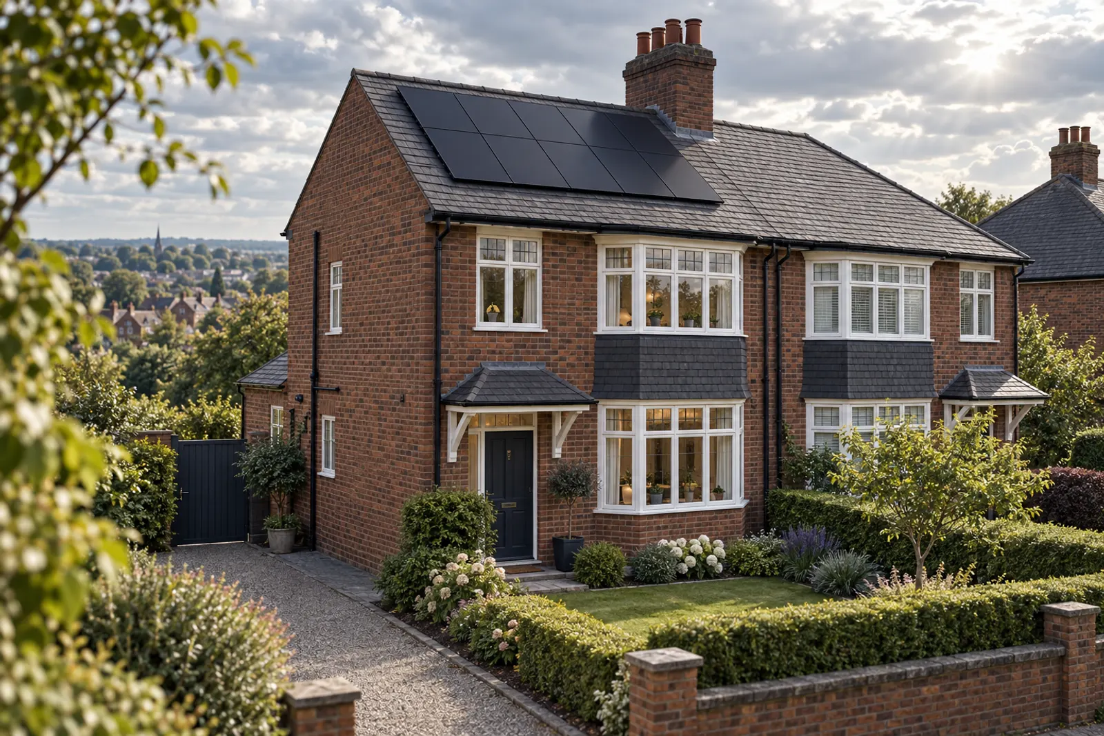 British semi-detached home with solar panels on the roof