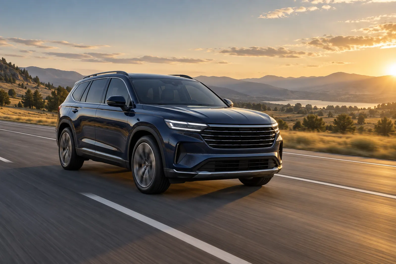 Family SUV driving on an American interstate at golden hour