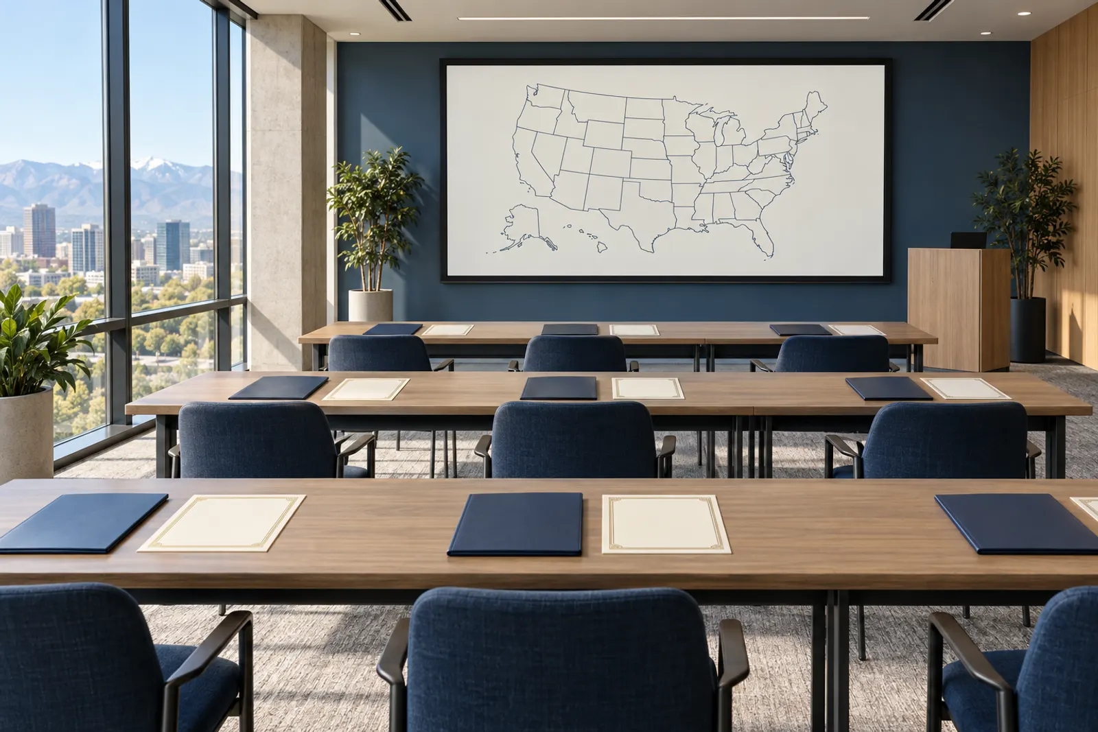 Empty training classroom with a map of US states on the screen