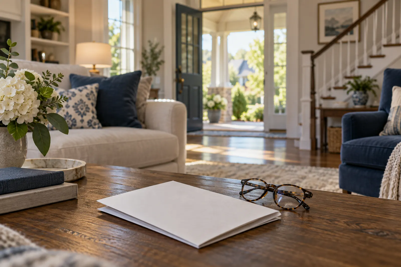 Bright American living room with a policy document on the coffee table