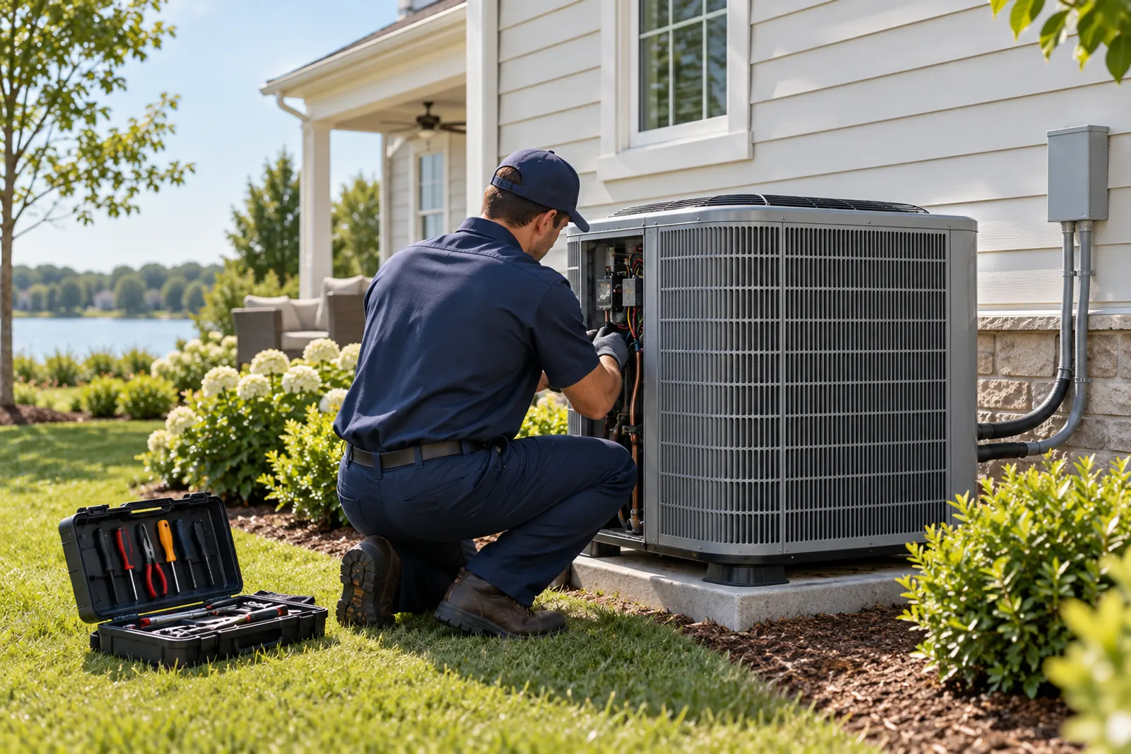 HVAC technician servicing an outdoor air-conditioning unit