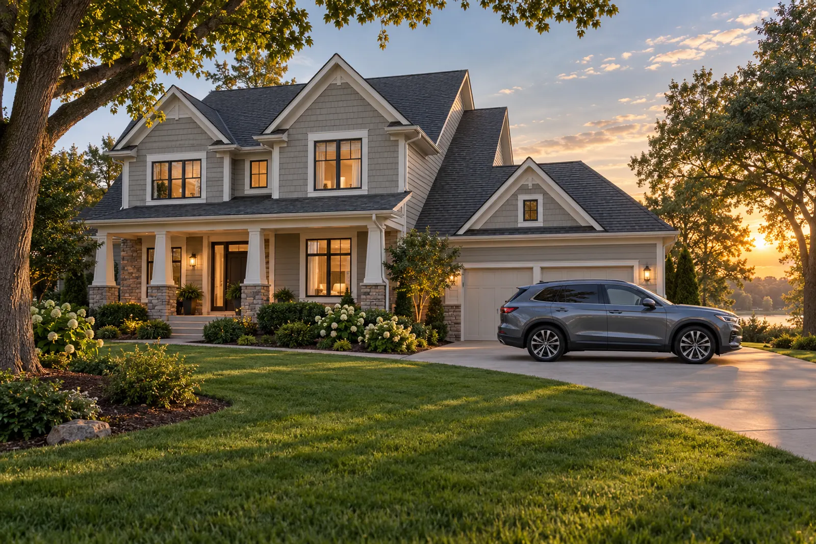 American suburban home with a car in the driveway at sunset